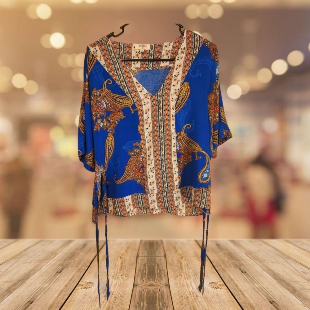 Umgee USA Blue‎ Paisley Boho V-Neck Tie Waist Tunic Top Blouse Women;s Small